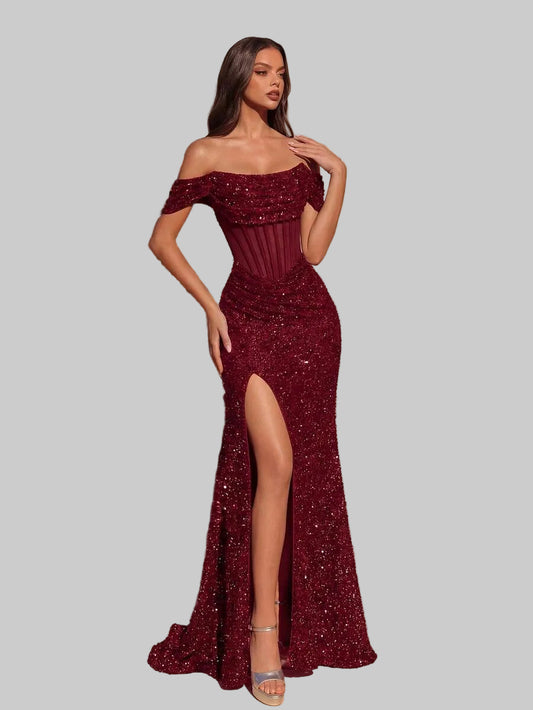 Vestido Largo Brillante con Corset y Abertura